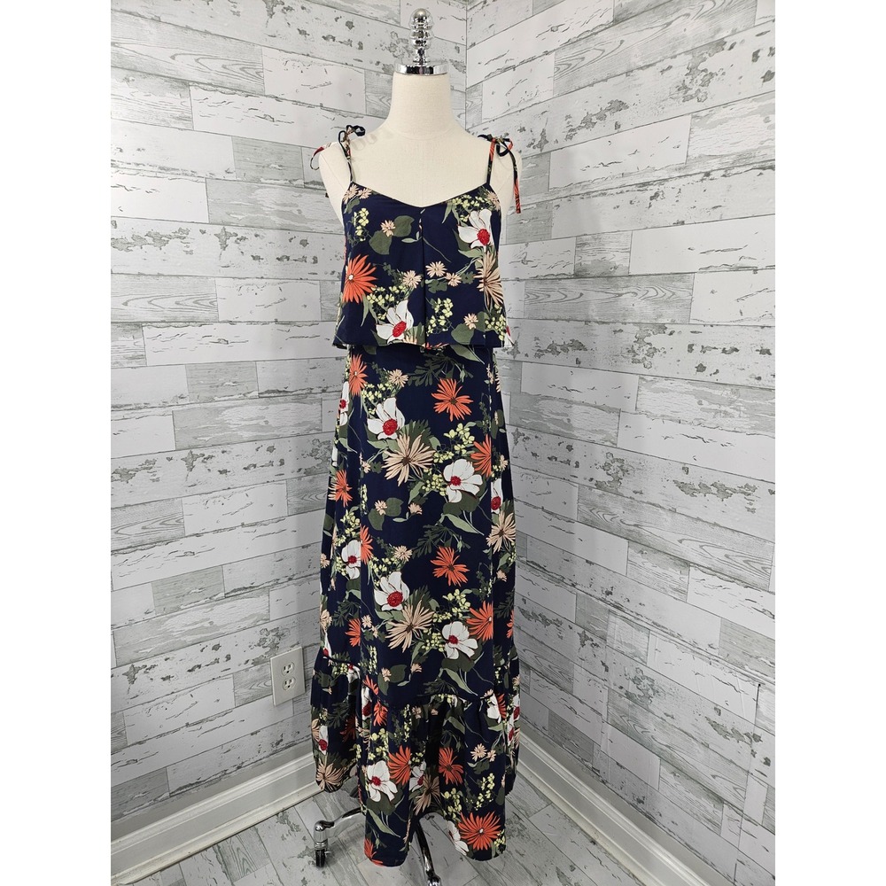 Banana Republic Floral Layered Maxi Dress Navy Blue Tie Strap Ruffle Hem Size 6